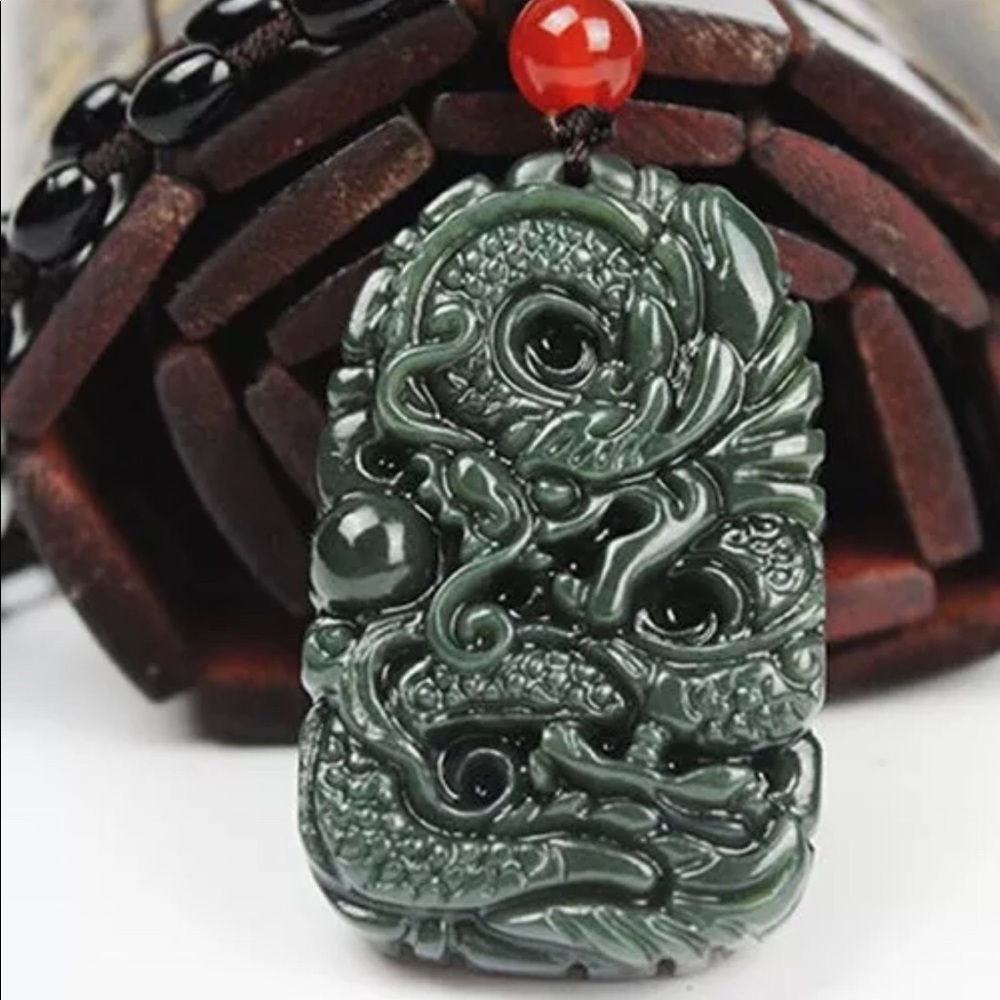 Real Hand Carved Jade Dragon Pendant With Necklace